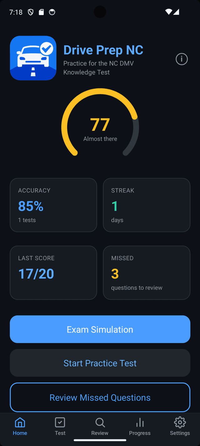 Drive Prep NC App - Home Screen