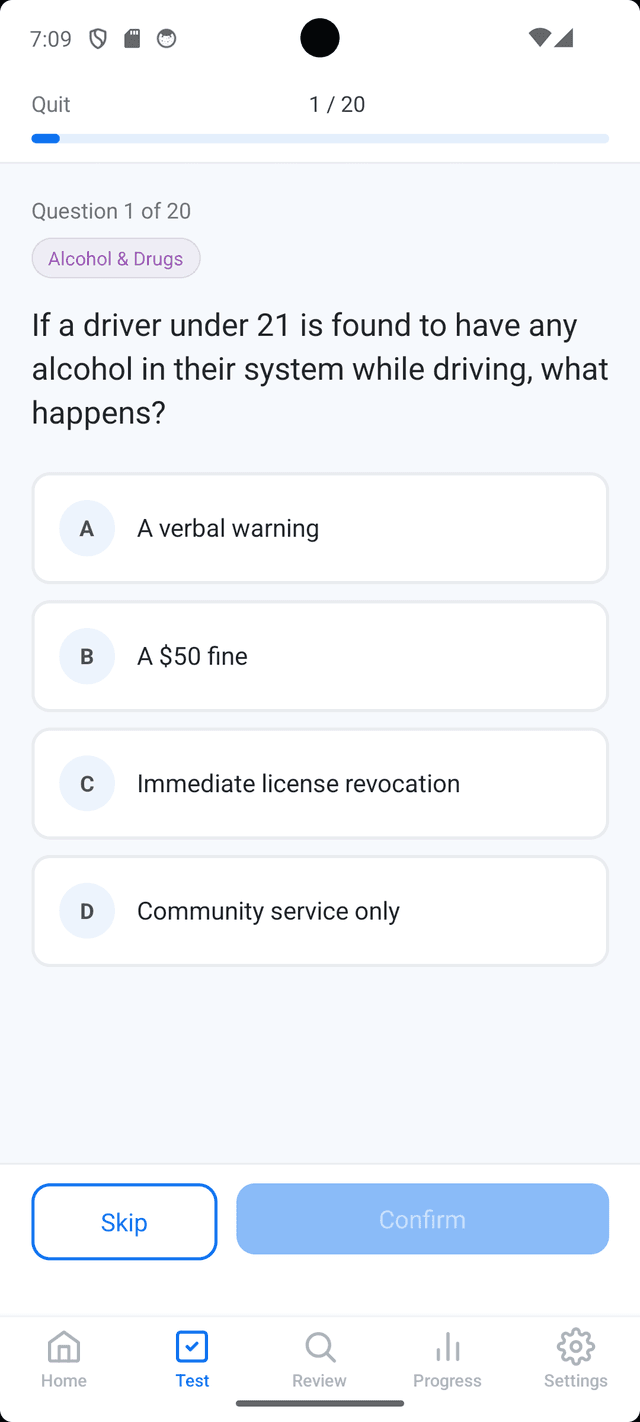 NC DMV practice question with multiple choice answers based on the official handbook