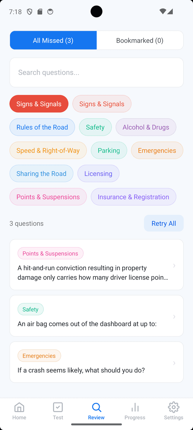 Review of missed NC DMV practice questions for targeted study improvement
