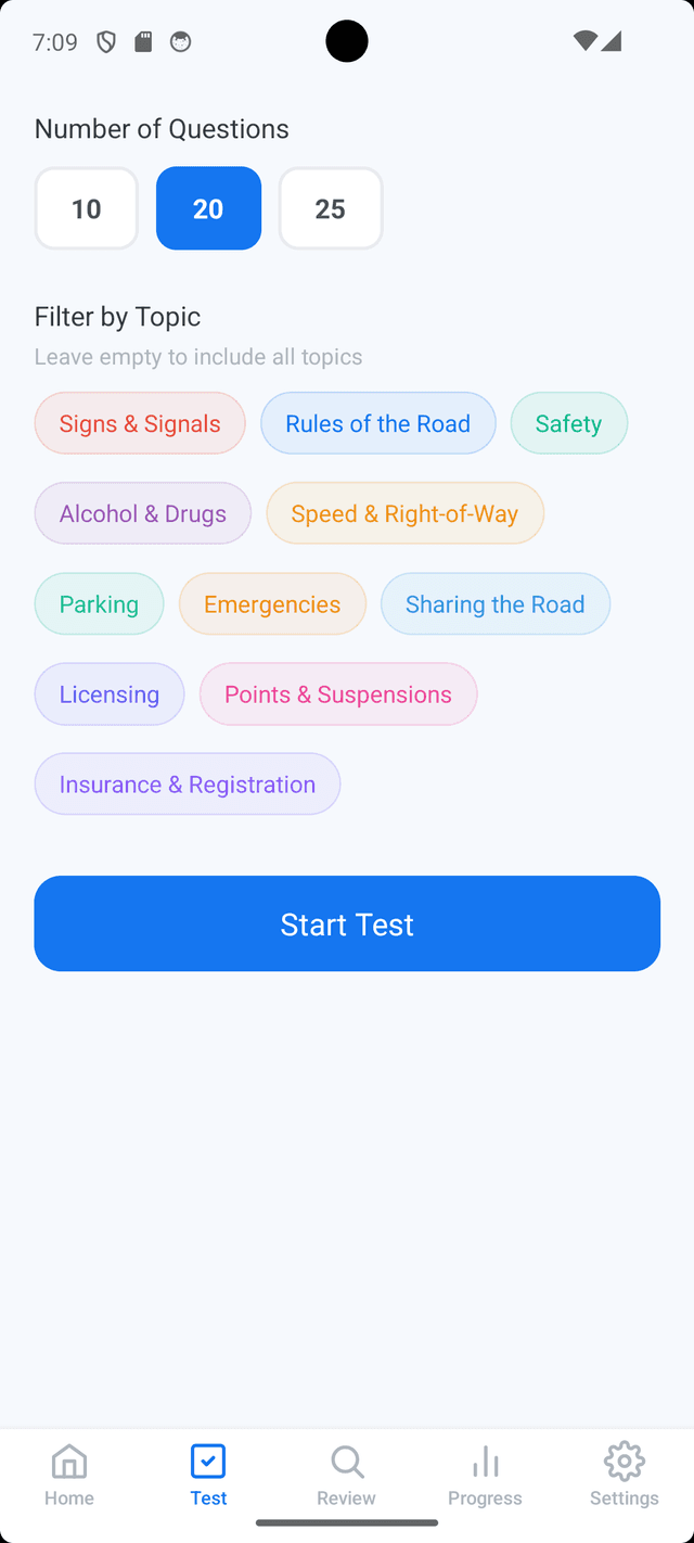NC DMV practice test setup with topic filters and question count selection
