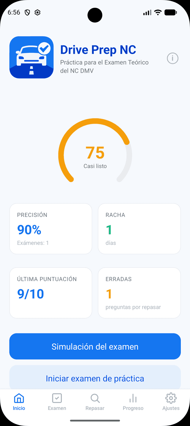Aplicación Drive Prep NC - Pantalla de inicio