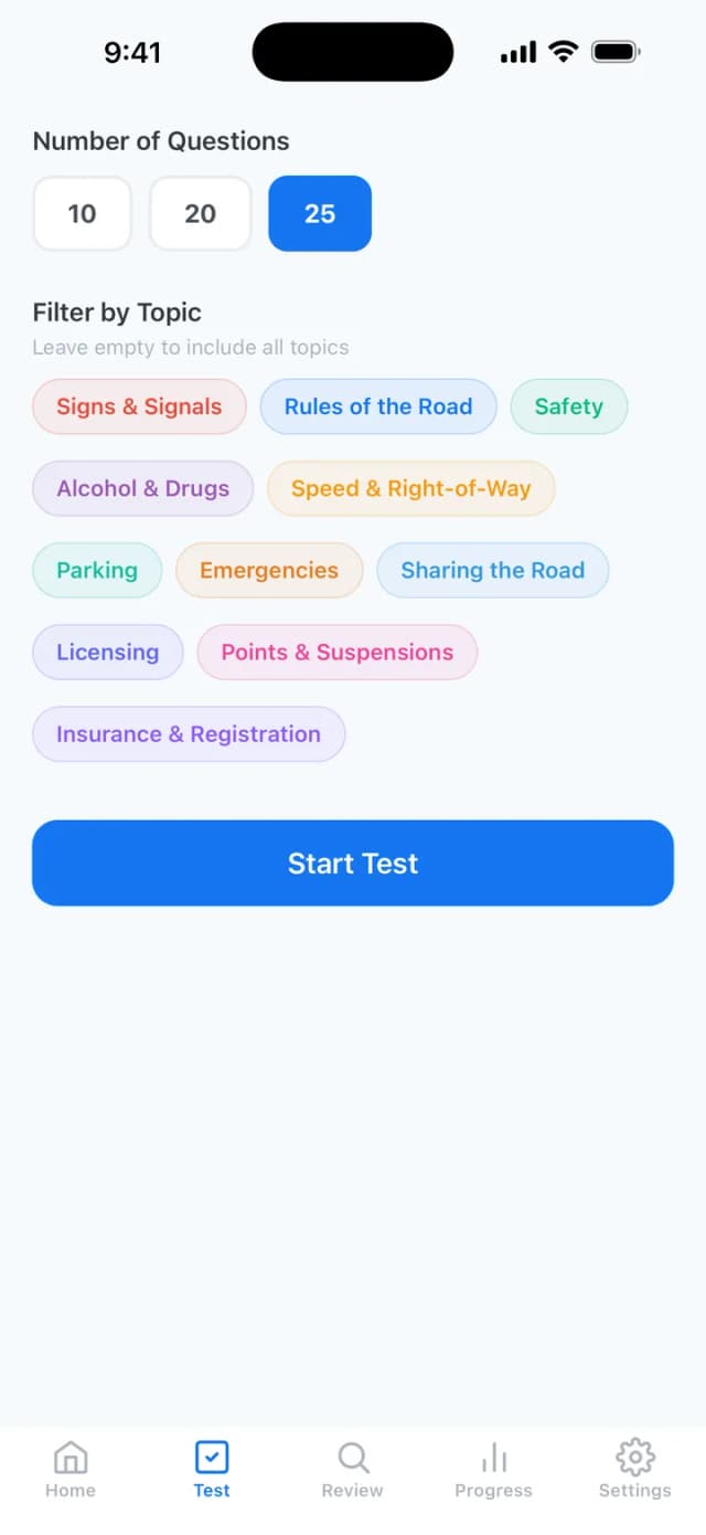 NC DMV practice test setup with topic filters and question count selection